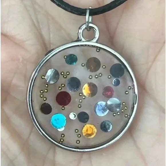 Handmade Circle Resin Glitter Gemstone Multicolor Waxed Cord Silver Necklace New - Picture 1 of 3